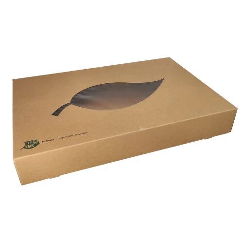 Boites alimentaires à emporter. carton "pure" 8 cm x 55.7 cm x 37.6 cm marron "100% Fair" avec fenêtre transparente en PLA (40 unités)