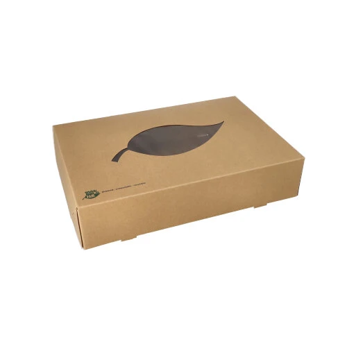 Boites alimentaires à emporter. carton "pure" 8 cm x 35.7 cm x 24.7 cm marron "100% Fair" avec fenêtre transparente en PLA (100 unités)