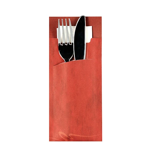 Pochettes à couverts 20 cm x 8.5 cm bordeaux serviette blanche 33 x 33 cm 2 plies incluse (520 unités)
