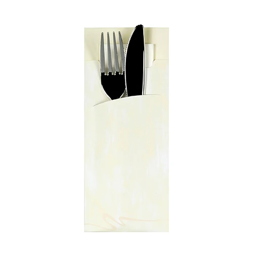 Pochettes à couverts 20 cm x 8.5 cm crème serviette blanche 33 x 33 cm 2 plies incluse (520 unités)