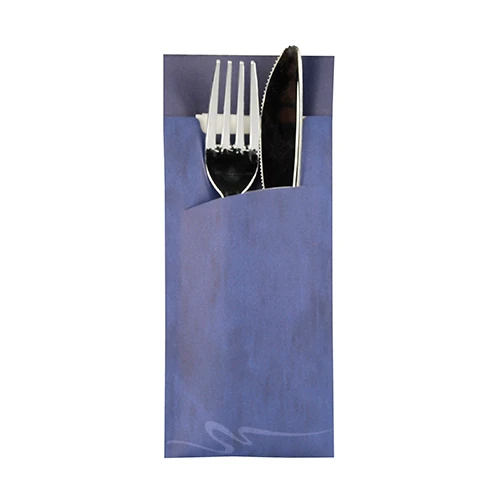 Pochettes à couverts 20 cm x 8.5 cm bleu serviette blanche 33 x 33 cm 2 plies incluse (520 unités)