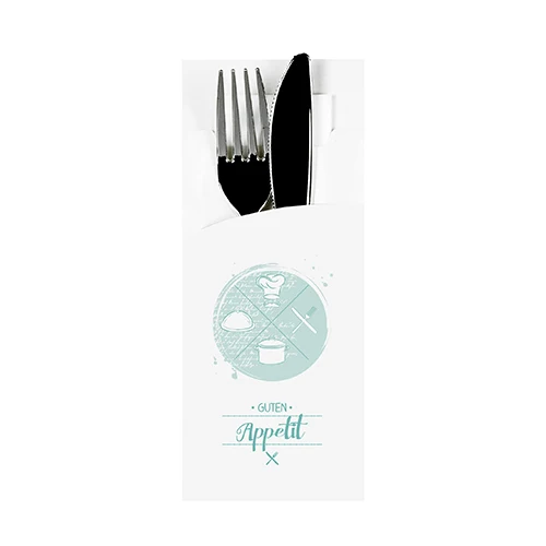 Pochettes à couverts 20 cm x 8.5 cm blanc "Bon appétit" serviette blanche 33 x 33 cm 2 plies incluse (520 unités)