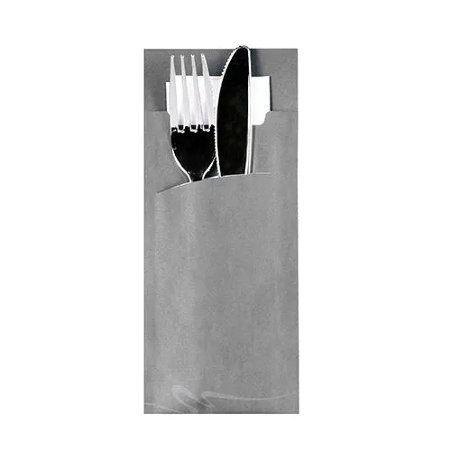 Pochettes à couverts 20 cm x 8.5 cm gris serviette blanche 33 x 33 cm 2 plies incluse (520 unités)