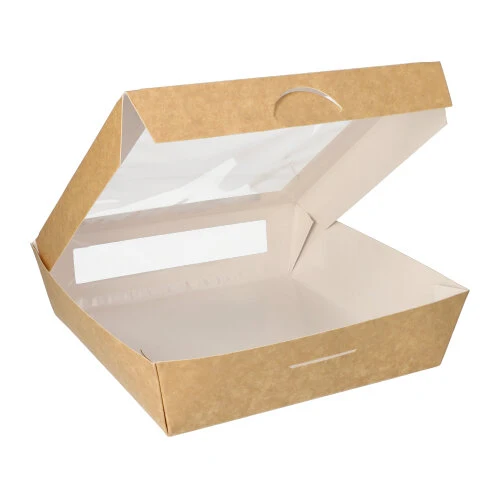 Boîtes alimentaires en carton 1500 ml avec fenêtre transparente en PLA rectangulaire 19 cm x 19 cm x 5 cm marron (100 unités)