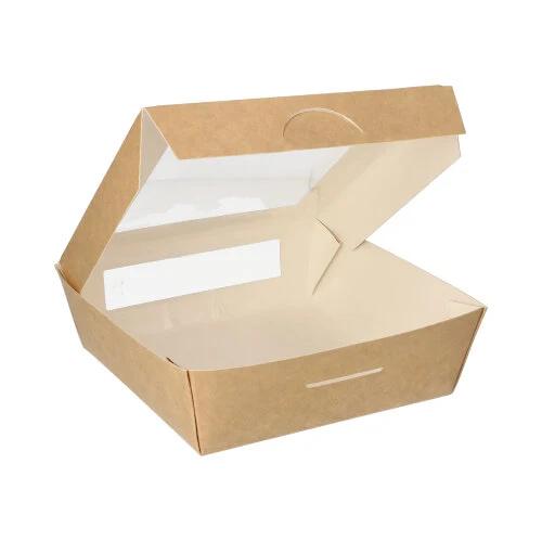 Boîtes alimentaires en carton 1000 ml avec fenêtre transparente en PLA rectangulaire 16 cm x 16 cm x 5 cm marron (100 unités)