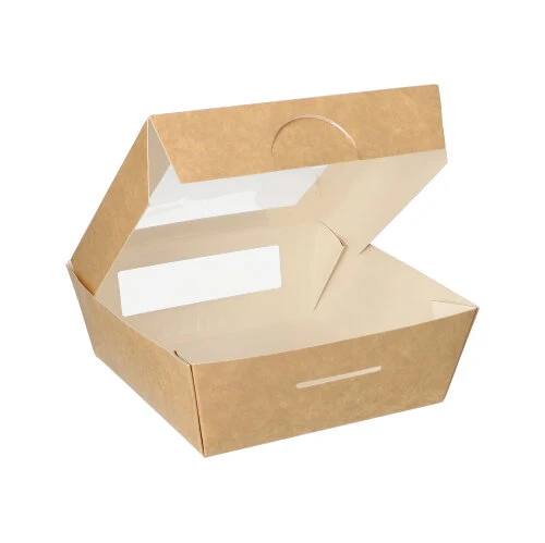 Boîtes alimentaires en carton 750 ml avec fenêtre transparente en PLA rectangulaire 14 cm x 14 cm x 5 cm marron (100 unités)