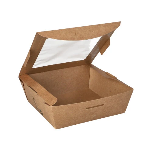 Boîtes alimentaires en carton avec fenêtre transparente en PLA rectangulaire 650 ml 4.5 cm x 14 cm x 14 cm marron "100% Fair" (120 unités)