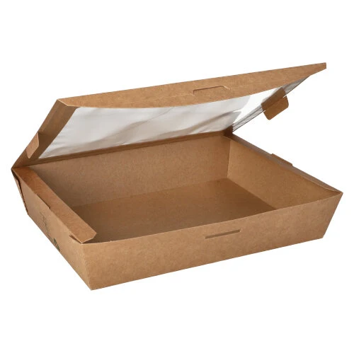 Boîtes alimentaires. en carton. avec fenêtre transparente en PLA "pure" rectangulaire 1500 ml 4.5 cm x 21 cm x 16 cm marron "100% Fair" (120 unités)
