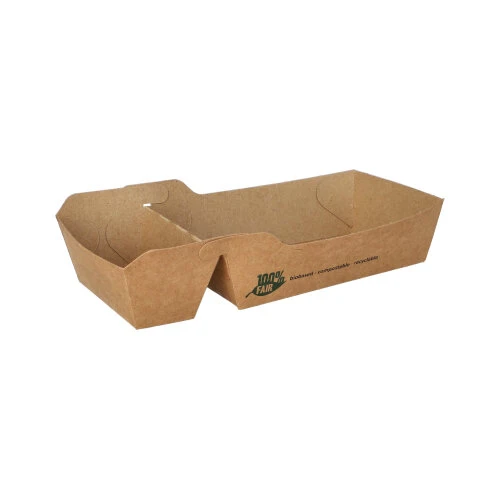 Barquettes frites en carton "pure" 2 compartiments 3.5 cm x 7 cm x 12 cm marron "100% Fair" moyen (960 unités)