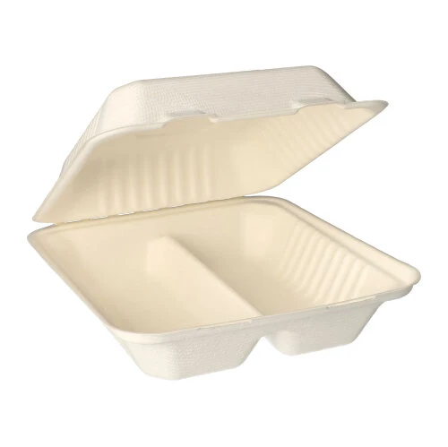 Boîtes Menu en sucre de canne "pure" 2 compartiments 7,7 cm x 20 cm x 22 cm blanc (125 unités)
