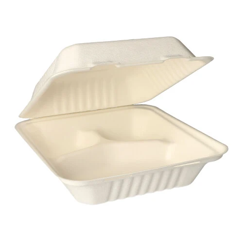 Boîtes Menu en sucre de canne "pure" 3 compartiments 7,7 cm x 20 cm x 22 cm blanc (125 unités)