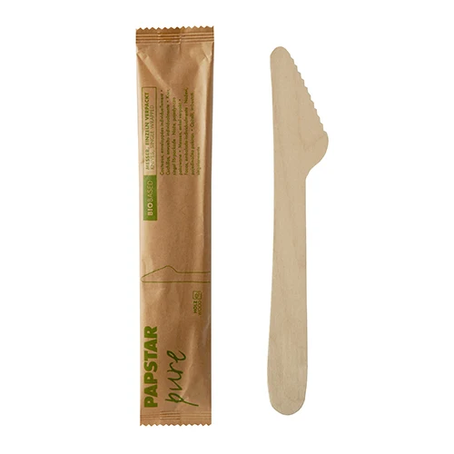 Couteaux. bois "pure" 16.5 cm enveloppées individuellement en emballage papier (500 unités)