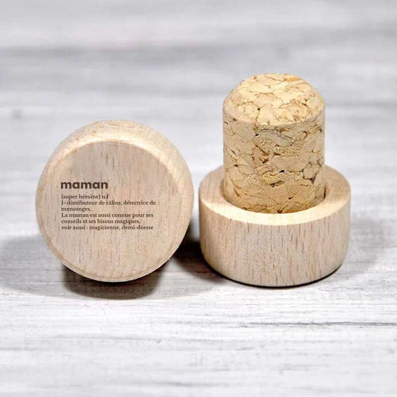 Bouchon personnalisé en liège et bois - Maman définition