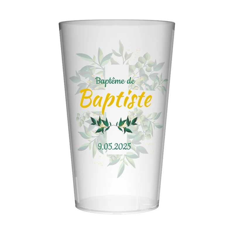 Gobelet personnalisé Baptême Croix & Feuilles