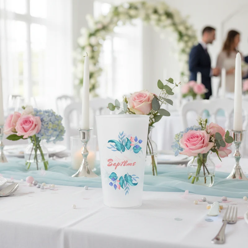 Gobelet personnalisé Baptême Couronne Fleurs