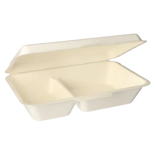 Boîtes Menu en sucre de canne 2 compartiments 6,5 cm x 24 cm x 15,5 cm blanc (500 unités)