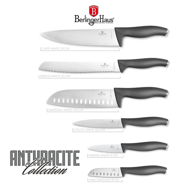 Ensemble de couteaux BerlingerHaus mat anthracite 6 pièces - Couteau de chef, Couteau à pain, Couteau Santoku, Couteau d'office, Éplucheur & Mini Santoku