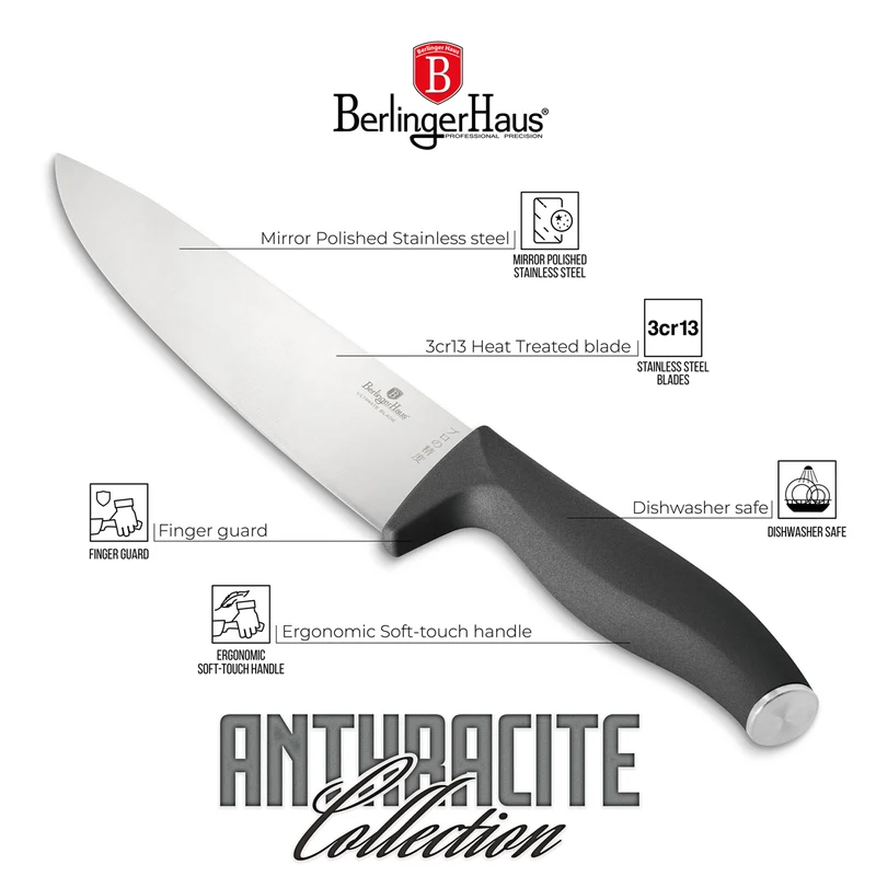 Ensemble de couteaux BerlingerHaus mat anthracite 6 pièces - Couteau de chef, Couteau à pain, Couteau Santoku, Couteau d'office, Éplucheur & Mini Santoku