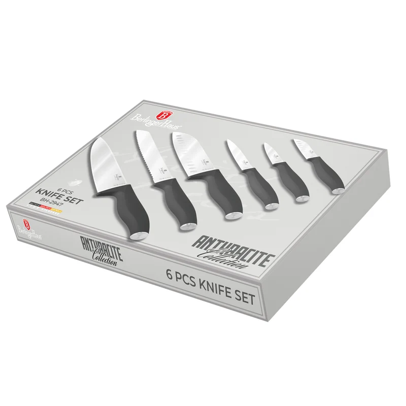 Ensemble de couteaux BerlingerHaus mat anthracite 6 pièces - Couteau de chef, Couteau à pain, Couteau Santoku, Couteau d'office, Éplucheur & Mini Santoku