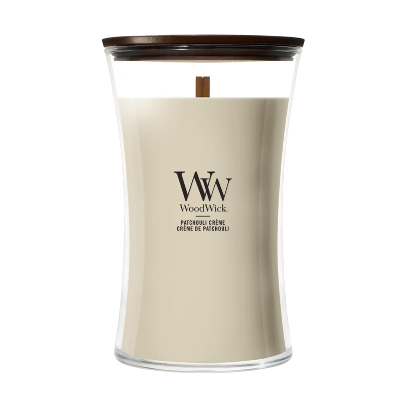 Bougie parfumée WoodWick Large Patchouli Crème - 18 cm / ø 10 cm - Bougie parfumée en verre - Mèche en bois