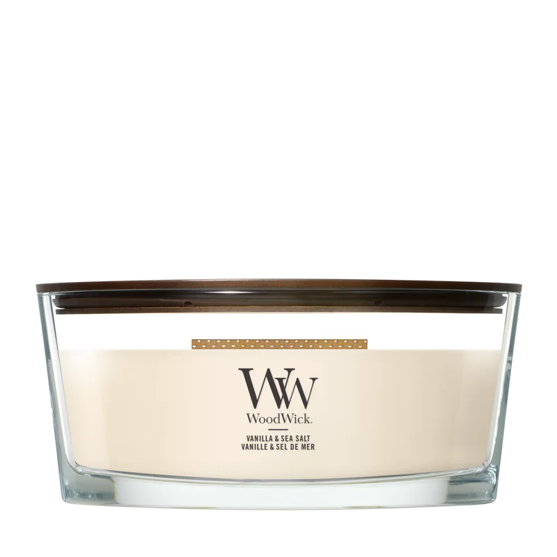 Bougie parfumée WoodWick Ellipse Vanilla & Sea Salt - 9 cm / 19 cm - Bougie parfumée en verre - Mèche en bois