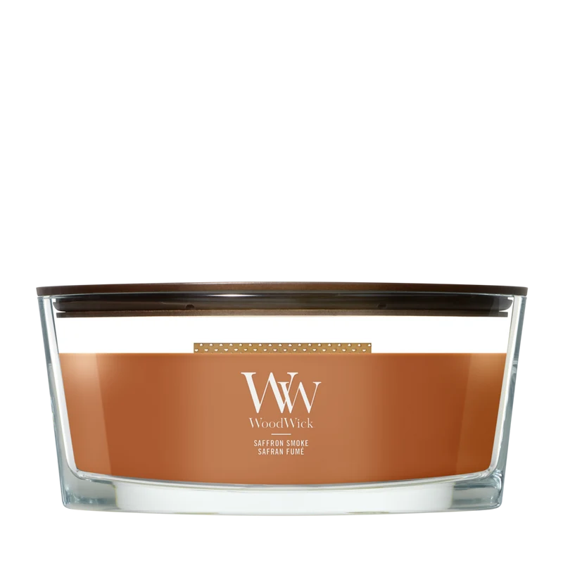 Bougie Parfumée WoodWick Ellipse Saffron Smoke - 9 cm / 19 cm - Bougie Parfumée en Verre - Mèche en Bois