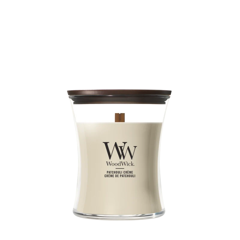 Bougie Parfumée WoodWick Medium Patchouli Crème - 11 cm / ø 10 cm - Bougie en Verre - Mèche en Bois