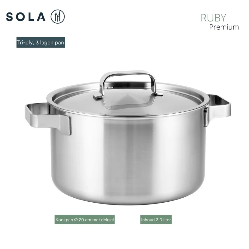 Batterie de cuisine Sola Ruby 4 pièces Premium Triply Inox - Casserole ø 16, 18, 20 cm & Casserole ø 16 cm - Induction compatible