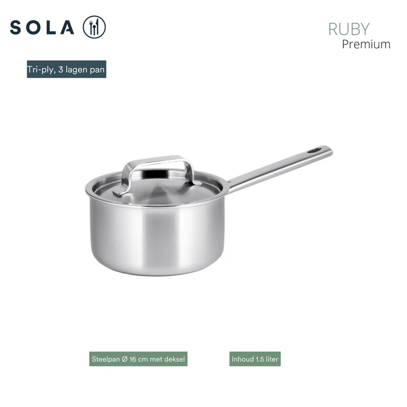 Batterie de cuisine Sola Ruby 4 pièces Premium Triply Inox - Casserole ø 16, 18, 20 cm & Casserole ø 16 cm - Induction compatible