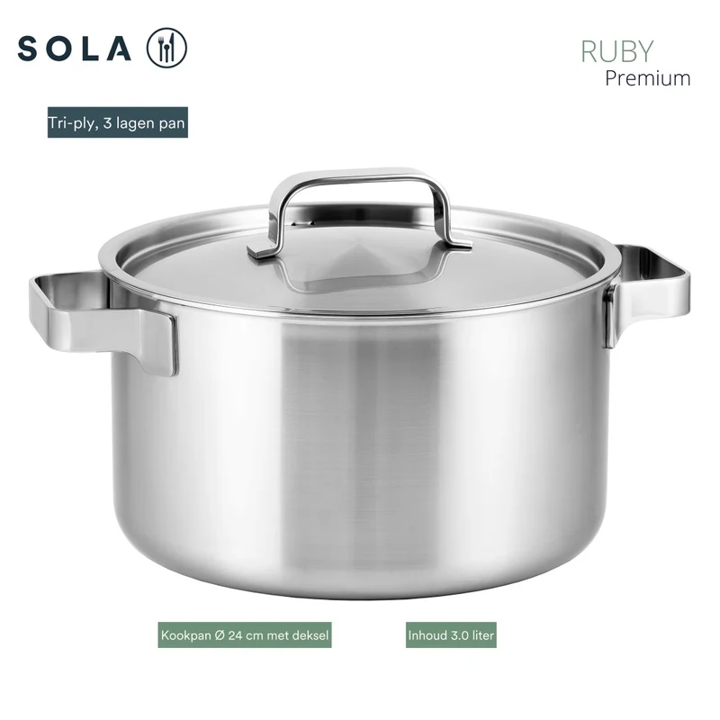 Casserole / Soupière avec couvercle Sola Ruby - Triply inox ø 24 cm / 5,5 litres - compatible avec toutes les sources de chaleur