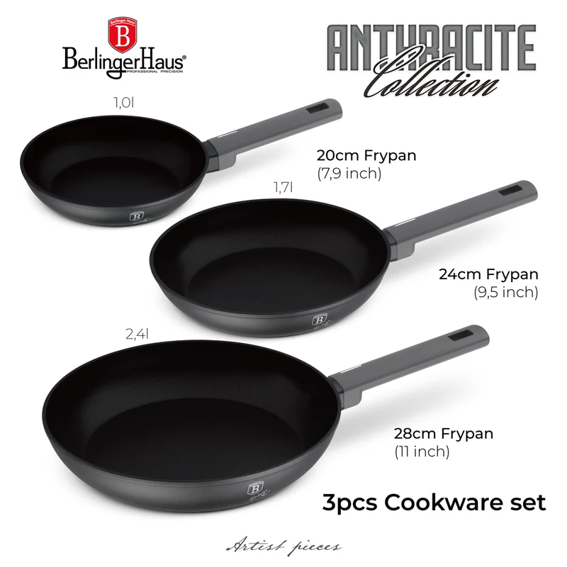 Batterie de cuisine Poêle BerlingerHaus Mat Anthracite 3-Pièces - ø 20, 24 & 28 cm - compatible avec toutes les sources de chaleur - revêtement antiadhésif standard