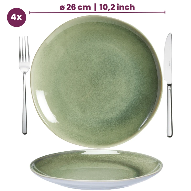 Service de table Cookinglife Serene Green 12 pièces / 4 personnes - 4 assiettes plates, 4 assiettes à dessert et 4 bols