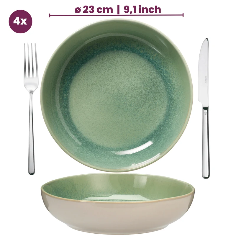 Service de table Cookinglife Serene Green 12 pièces / 4 personnes - 4 assiettes plates, 4 assiettes à dessert et 4 bols
