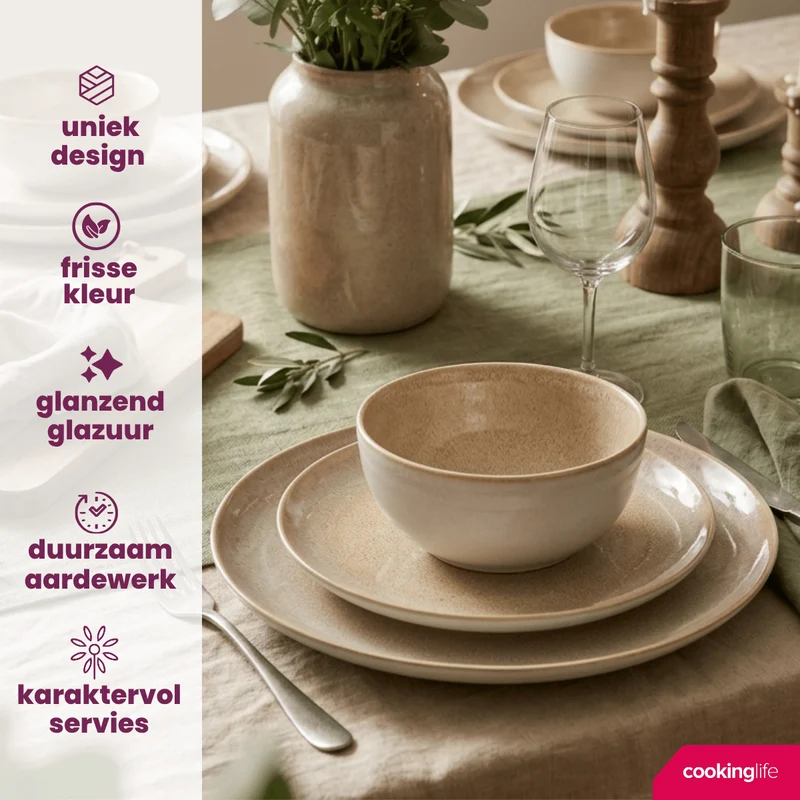 Service de table 12 pièces Cookinglife Serene Sand / 4 personnes - 4 assiettes plates, 4 assiettes à dessert et 4 bols