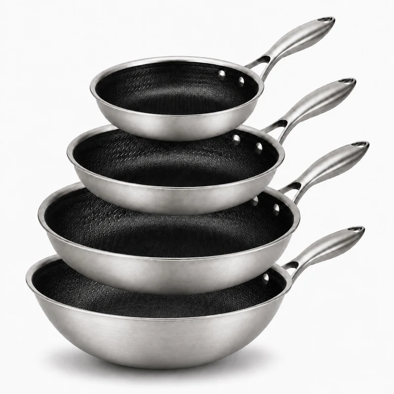 Batterie de cuisine Cookinglife HexaCook hybride 4 pièces - Wok ø 28 cm + poêles ø 20, 24 & 28 cm - ANTI-ADHÉSIF - compatible avec toutes les sources de chaleur - revêtement antiadhésif en céramique