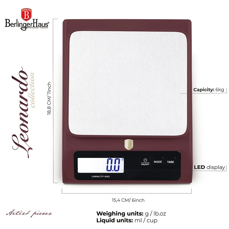 Balance de cuisine numérique BerlingerHaus Bordeaux - Capacité maximale 6 kg