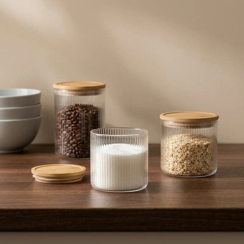Pots de conservation set Cookinglife Boro Lines - Verre couvercle en bambou - ø 11 cm - 600 ml - 3 pièces