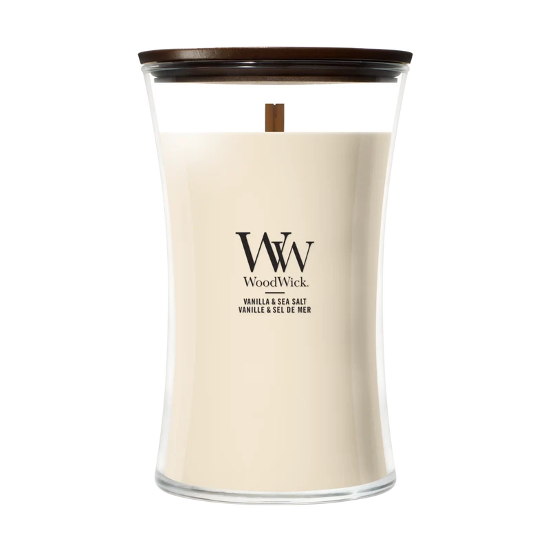 Bougie Parfumée WoodWick Grande Vanilla & Sea Salt - 18 cm / ø 10 cm - Bougie Parfumée en Verre - Mèche en Bois