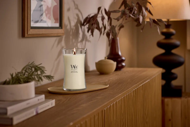 Bougie Parfumée WoodWick Grande Vanilla & Sea Salt - 18 cm / ø 10 cm - Bougie Parfumée en Verre - Mèche en Bois
