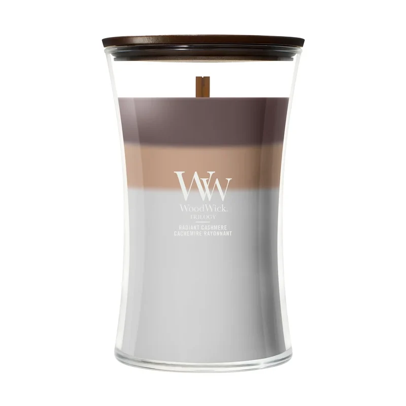 Bougie parfumée WoodWick Large Trilogy Radiant Cashmere - 18 cm / ø 10 cm - Bougie parfumée en verre - Mèche en bois