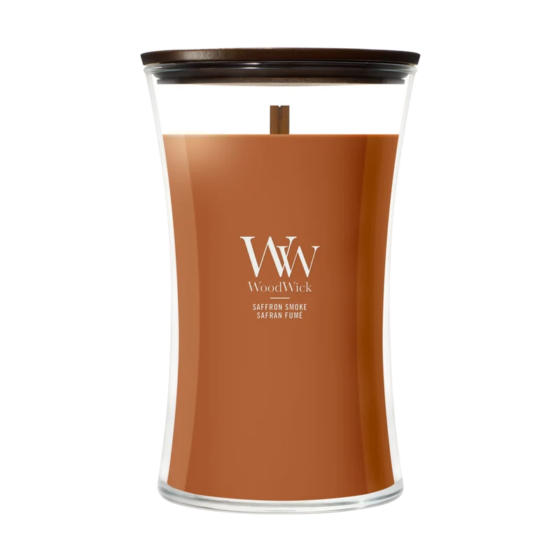 Bougie Parfumée WoodWick Grande Saffron Smoke - 18 cm / ø 10 cm - Bougie Parfumée en Verre - Mèche en Bois