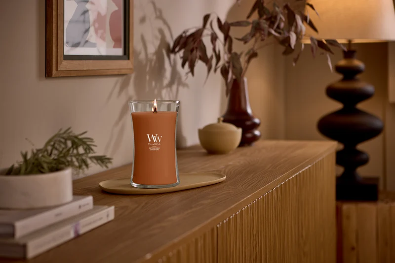 Bougie Parfumée WoodWick Grande Saffron Smoke - 18 cm / ø 10 cm - Bougie Parfumée en Verre - Mèche en Bois