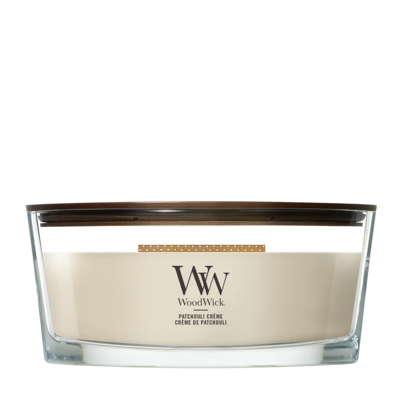 Bougie Parfumée WoodWick Ellipse Patchouli Crème - 9 cm / 19 cm - Bougie Parfumée en Verre - Mèche en Bois