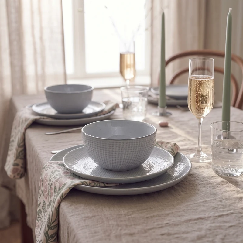 Service de table Cookinglife Linen Gris 18 pièces / 6 personnes - 6 assiettes à dîner, 6 assiettes à petit-déjeuner et 6 bols