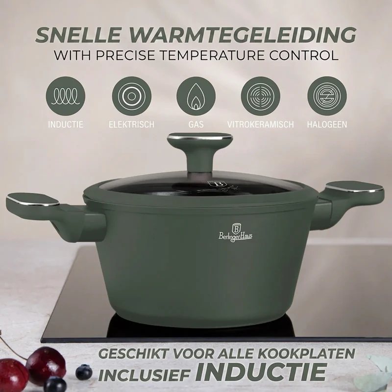 Ensemble de Casseroles BerlingerHaus 11 Pièces Vert Mat - Casseroles ø 16, 20, 24, 28 cm & Poêles ø 24, 28 cm - Tous Feux Dont Induction