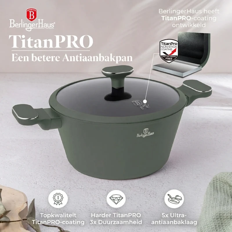 Ensemble de Casseroles BerlingerHaus 11 Pièces Vert Mat - Casseroles ø 16, 20, 24, 28 cm & Poêles ø 24, 28 cm - Tous Feux Dont Induction