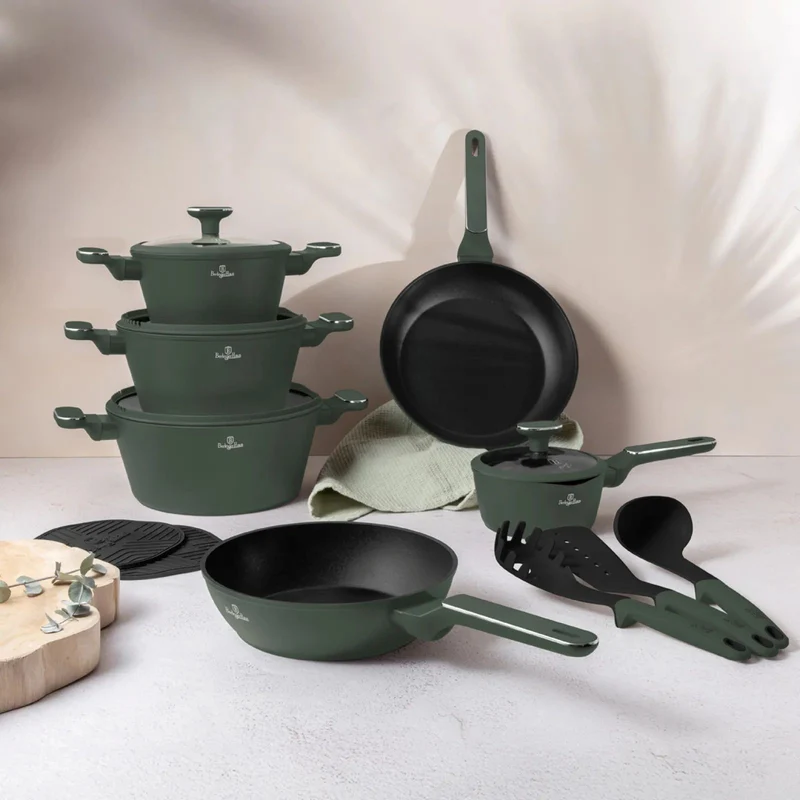 Ensemble de Casseroles BerlingerHaus 11 Pièces Vert Mat - Casseroles ø 16, 20, 24, 28 cm & Poêles ø 24, 28 cm - Tous Feux Dont Induction