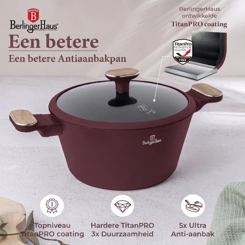 Ensemble de Casseroles BerlingerHaus Nordic 7 Pièces Bordeaux Mat - Casseroles ø 20, 24, 28 cm & Poêles ø 20, 24 cm - Tous Feux Dont Induction