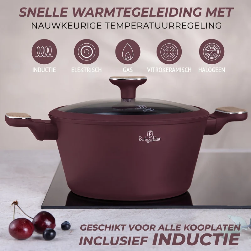 Ensemble de Casseroles BerlingerHaus Nordic 7 Pièces Bordeaux Mat - Casseroles ø 20, 24, 28 cm & Poêles ø 20, 24 cm - Tous Feux Dont Induction
