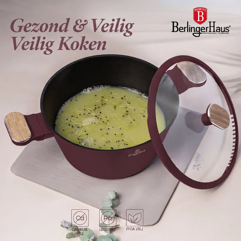 Ensemble de Casseroles BerlingerHaus Nordic 7 Pièces Bordeaux Mat - Casseroles ø 20, 24, 28 cm & Poêles ø 20, 24 cm - Tous Feux Dont Induction